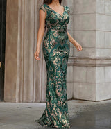 NEW Elegant Luxury Green Gold Glittery Sequin V-neck Tassel Evening Dress