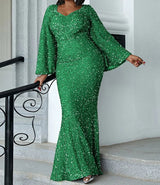 PLUS SIZE Sweetheart Neck Maxi Sequin Trumpet Sleeve Gown