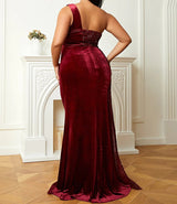 Sexy Curvy Plus Size One Shoulder Sleeveless Sequins Evening Dress