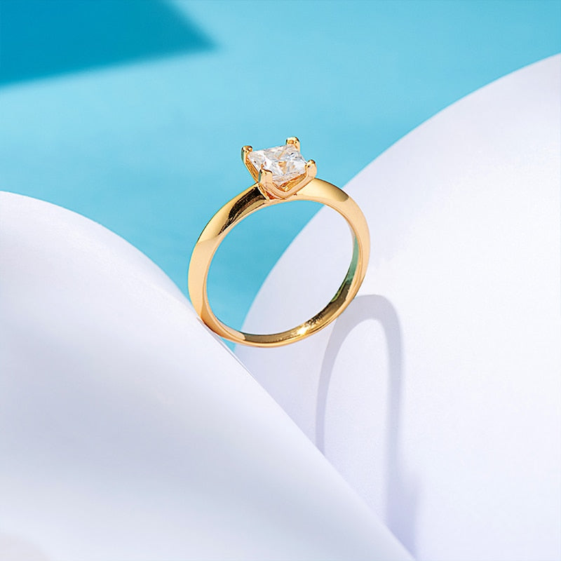 100% Real Moissanite Princess Cut Engagement Ring 18K Gold Plated