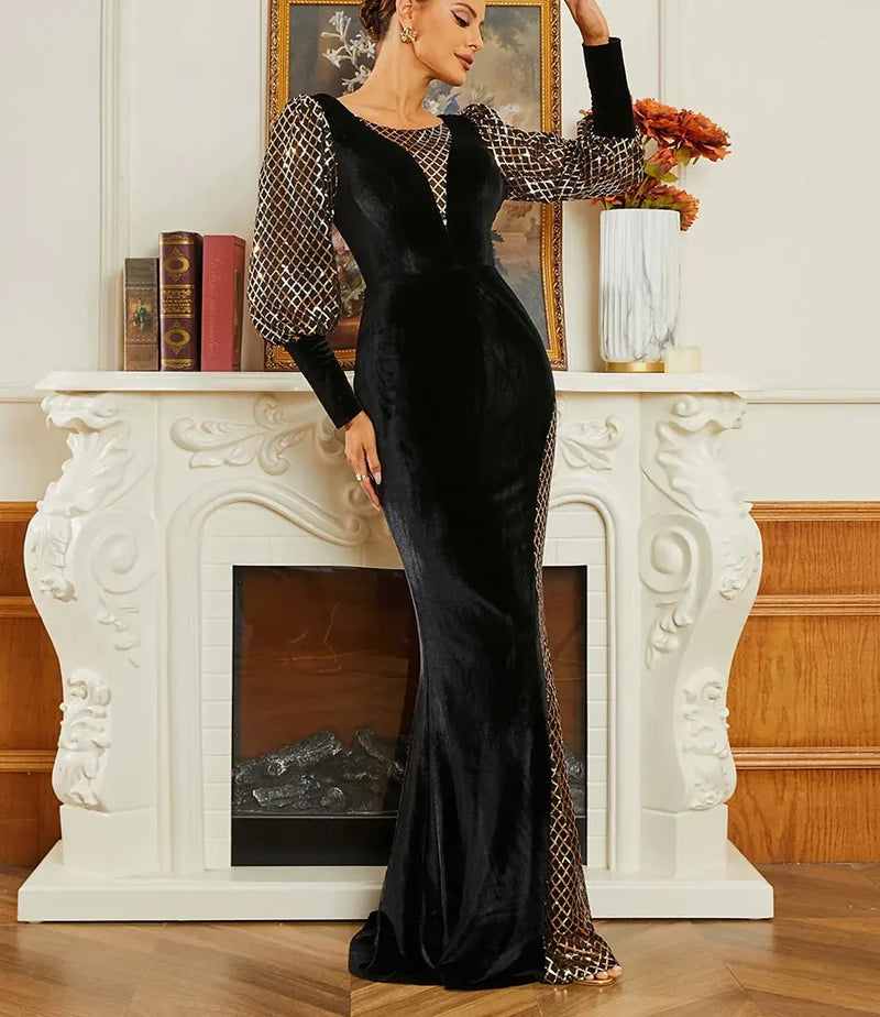 Elegant Black Sequin Velvet Evening Gown with Lantern Sleeves and Backless Design - Perfect for Weddings, Proms, and Other Special Occasions