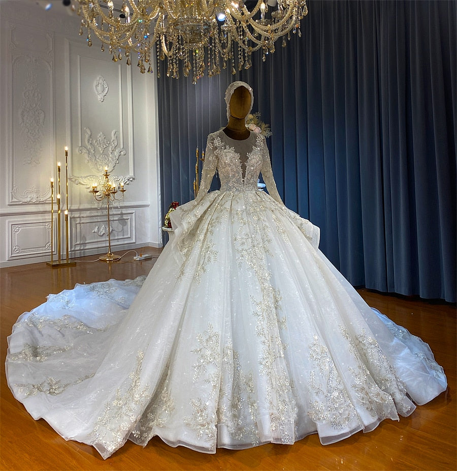 Sexy Illusion Crystal Ball Gown Wedding Dresses Luxury Beading Long Sleeves  Dubai Bridal Gowns White Court Train robe de mariee - AliExpress