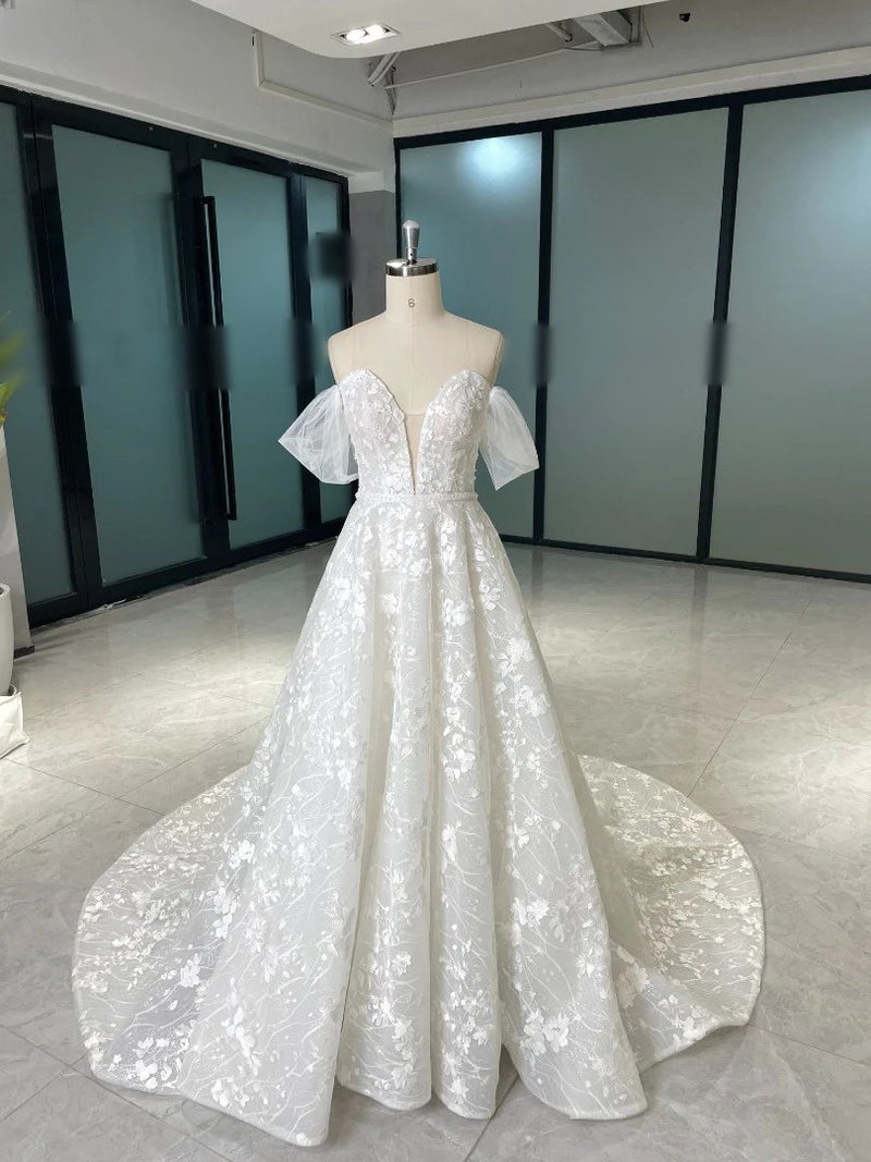 Off Shoulder Deep V Plunge Floral Sweetheart Neck A-Line Wedding Dress Vintage Lace CUSTOM Off Shoulder Deep V Plunge Floral Sweetheart Neck A-Line Wedding Dress Vintage Lace CUSTOM
