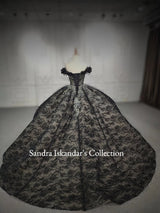 Off Shoulder Black Ball Gown Wedding Dress with 3D Flowers