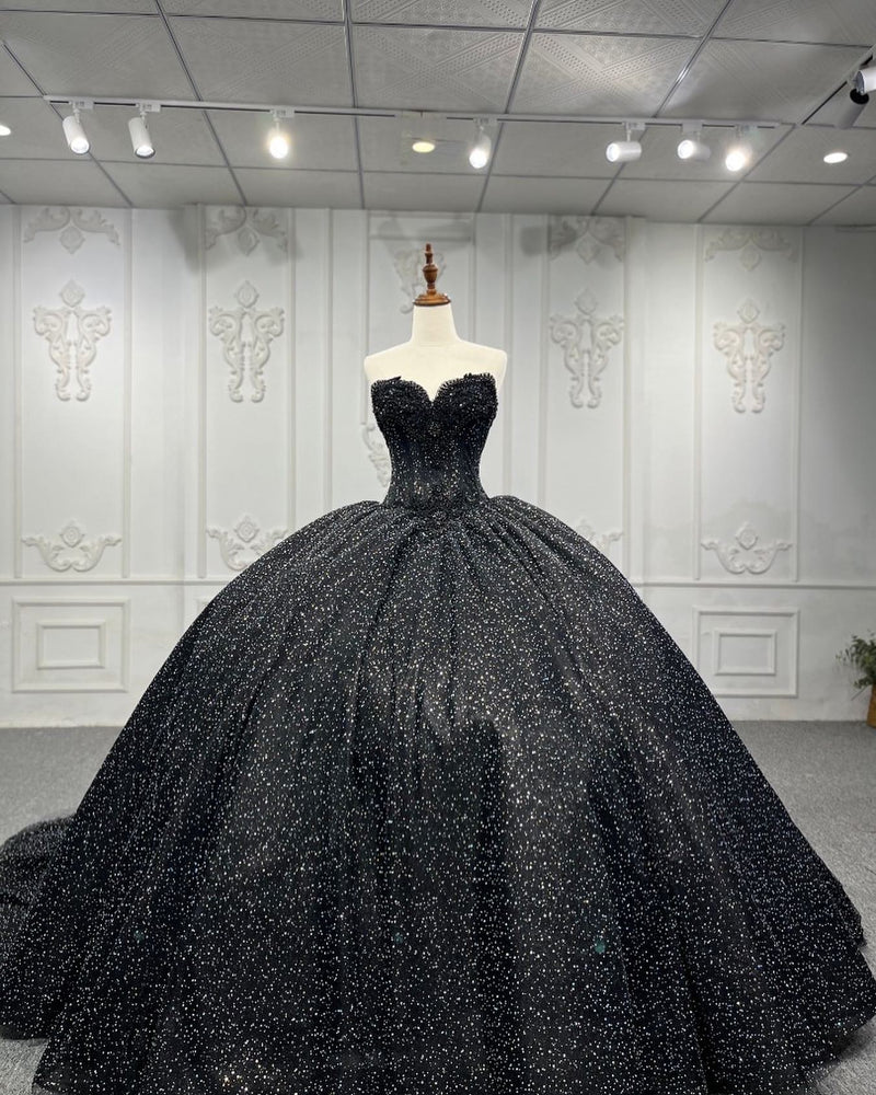 Black Luxury Hand Beaded & Rhinestones Wedding Ballgown Dress