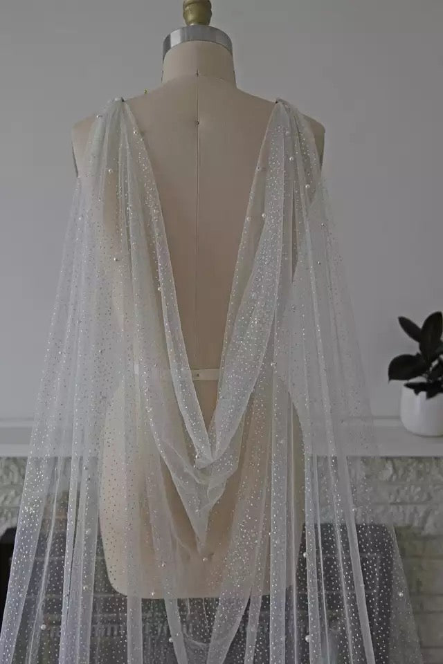 Veil/Cape with Pearls/Glitter Cape for Bridal /Shawl with Pearls Evening Cape