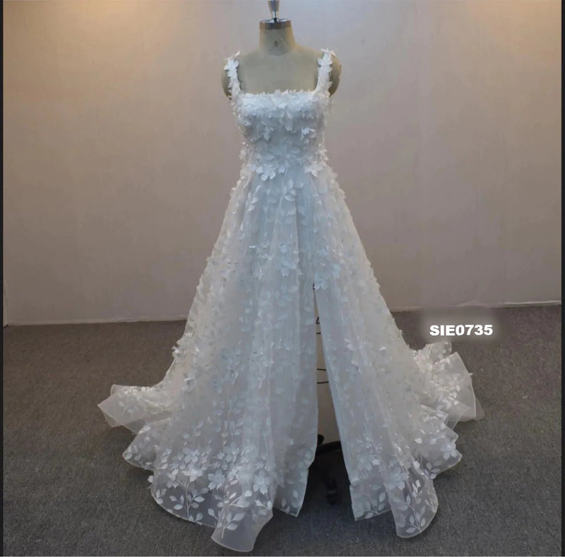 Straight top 3D Floral Couture Wedding Dress with Slit