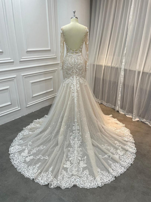 Beautiful French Lace Long Sleeve Mermaid Glitter Wedding Dress Low back