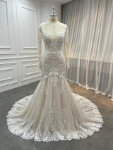Beautiful French Lace Long Sleeve Mermaid Glitter Wedding Dress Low back