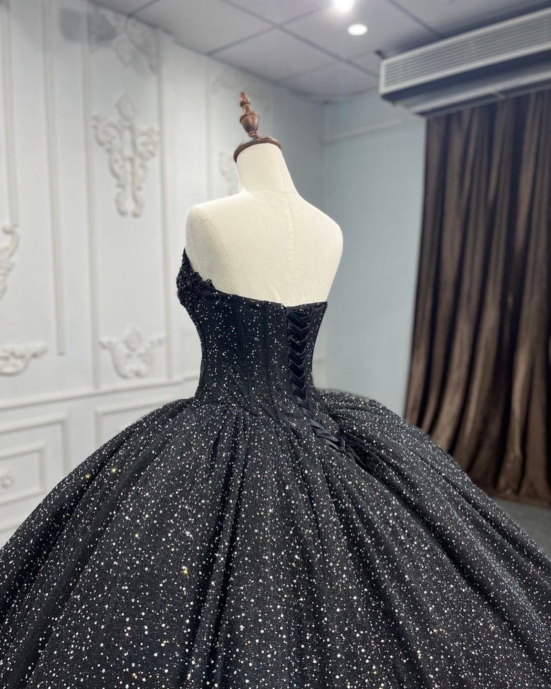 Black Luxury Hand Beaded & Rhinestones Wedding Ballgown Dress